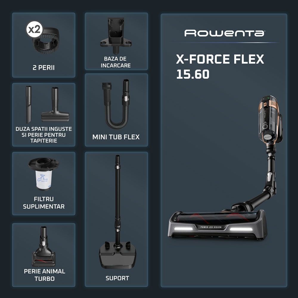 Aspirator vertical ROWENTA X-Force Flex 15.60 RH99F1WO, 0.9l, 32.4V, autonomie max 80 min, negru-auriu