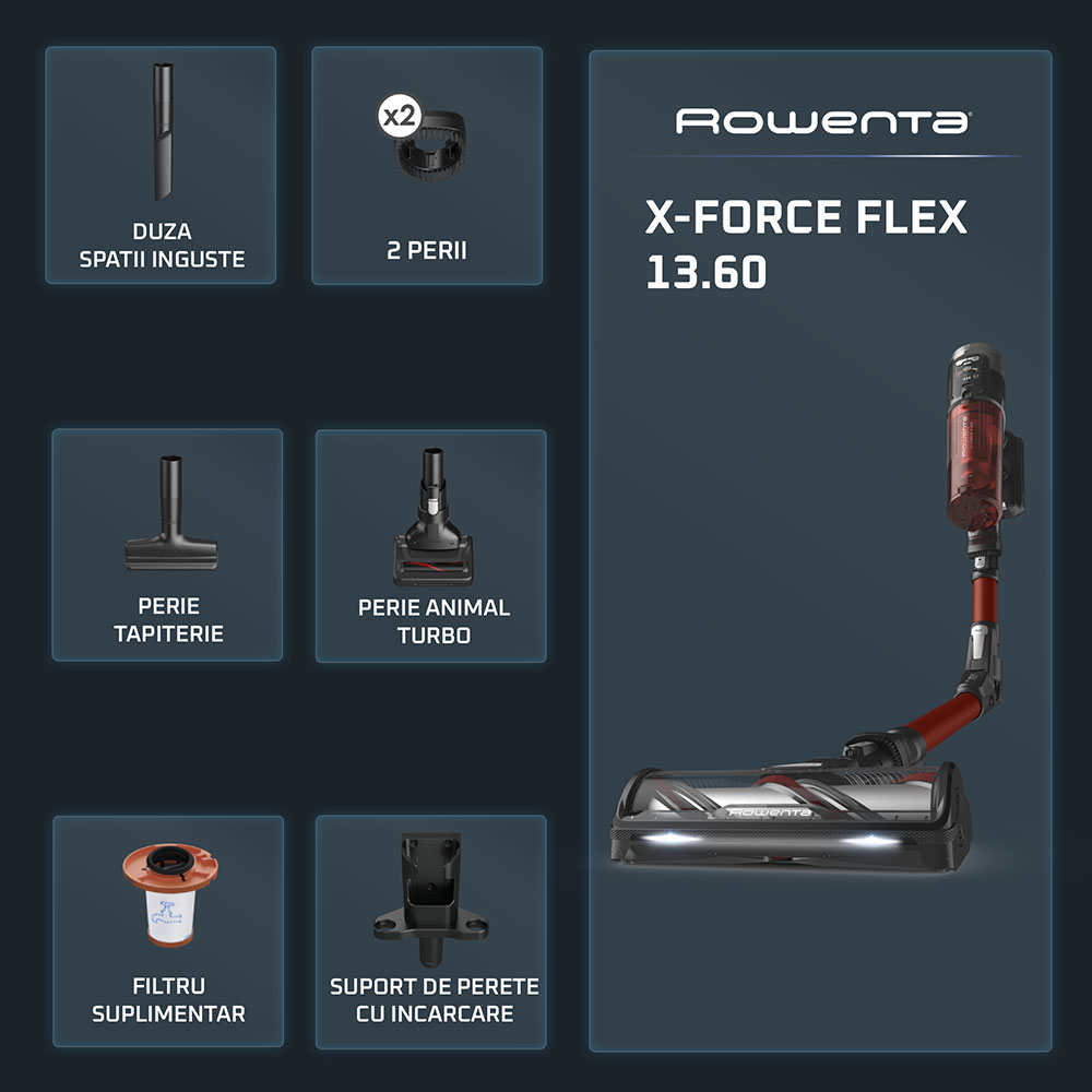Aspirator vertical ROWENTA X-Force Flex 13.60 RH9A73WO, 0.65l, 25.9V, autonomie max 60 min, rosu-negru
