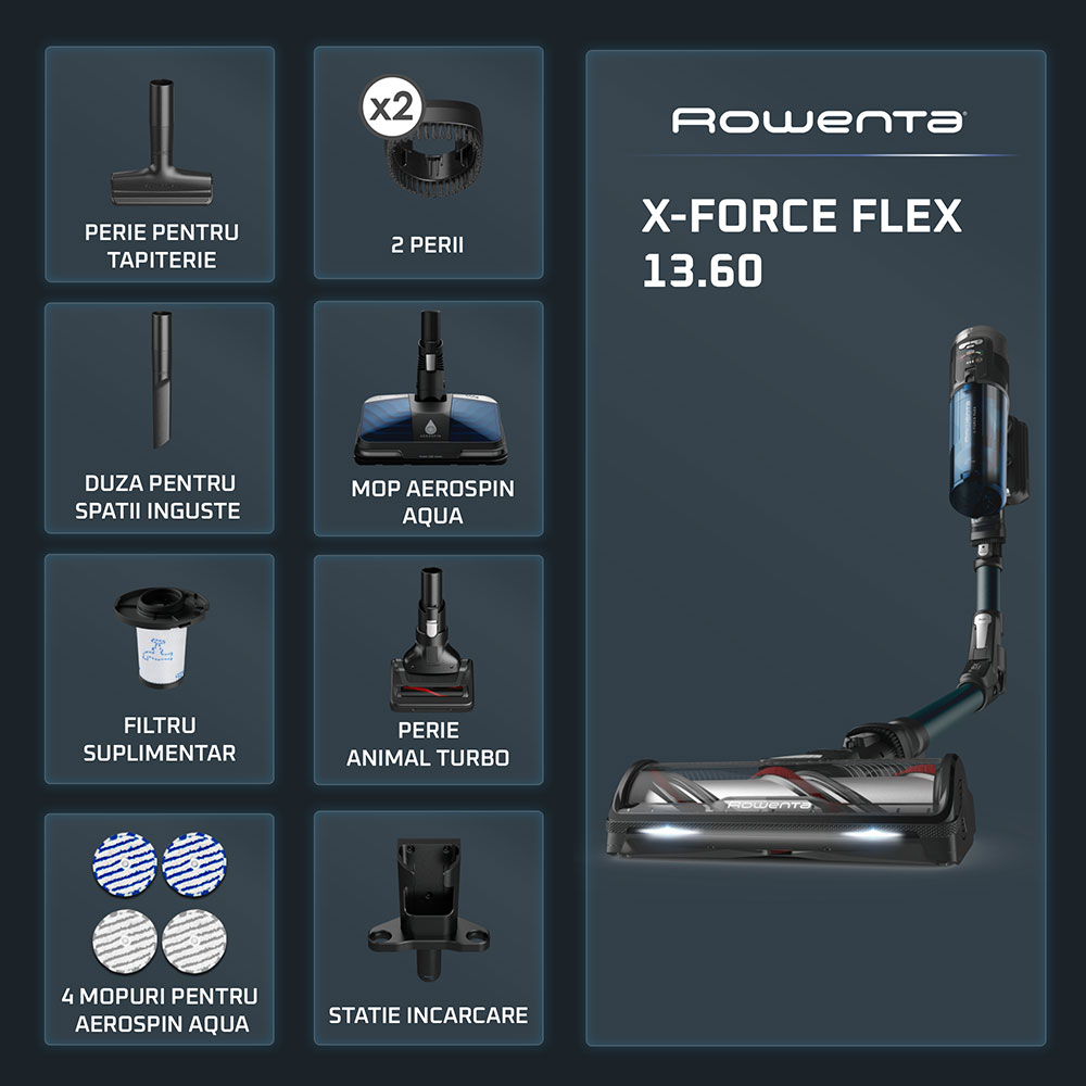 Aspirator vertical ROWENTA X-Force Flex 13.60 RH9AD1WO, 0.65l, autonomie max 60 min, albastru-negru