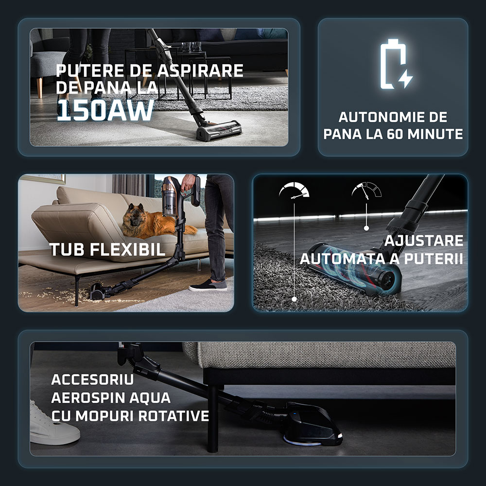 Aspirator vertical ROWENTA X-Force Flex 13.60 RH9AD1WO, 0.65l, autonomie max 60 min, albastru-negru