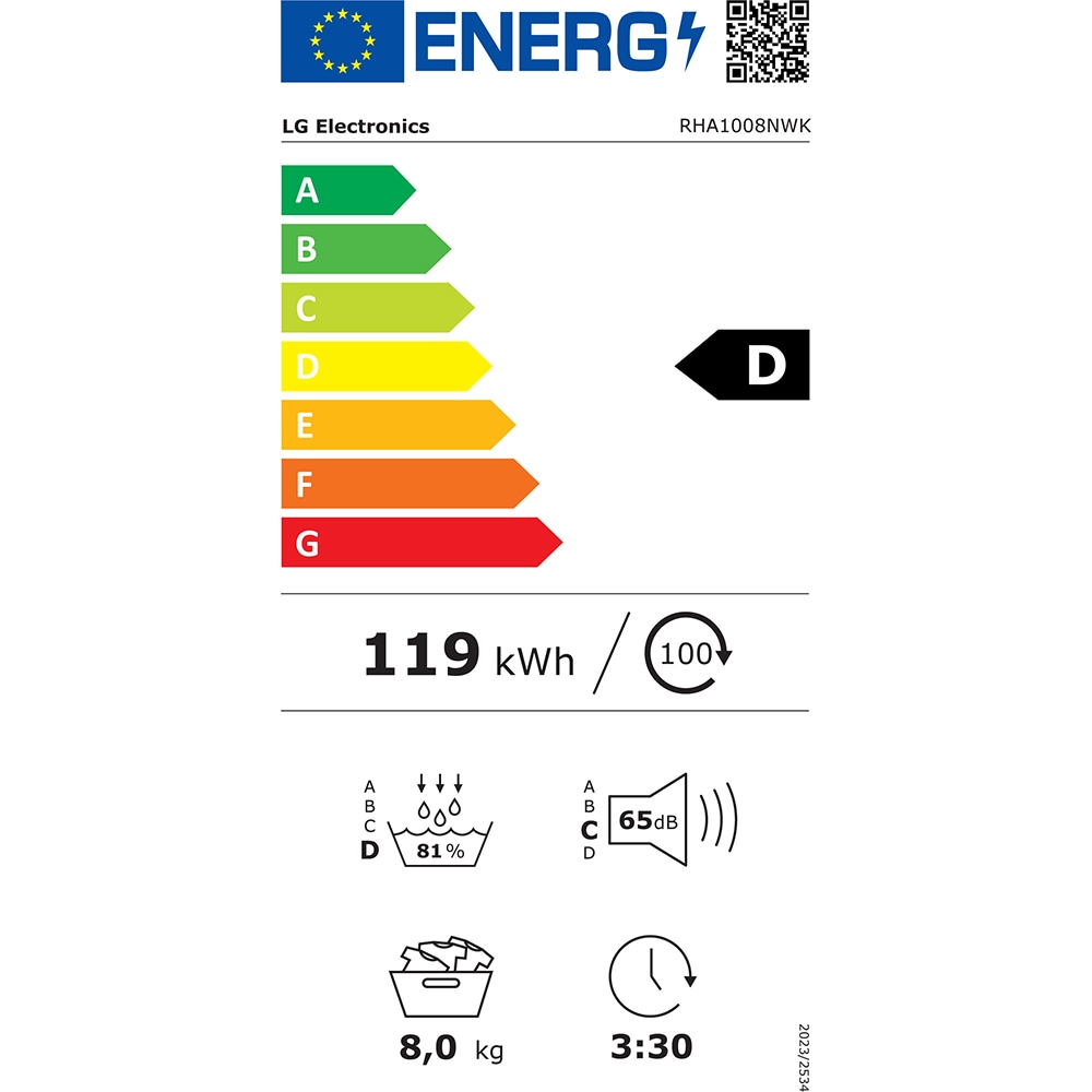 Uscator de rufe LG RHA1008NWK, 8 kg, 8 programe, Clasa D, alb