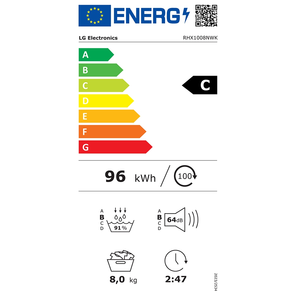 Uscator de rufe LG RHX1008NWK, ThinQ, Pompa de caldura, 8 kg, 10 programe, Clasa C, alb