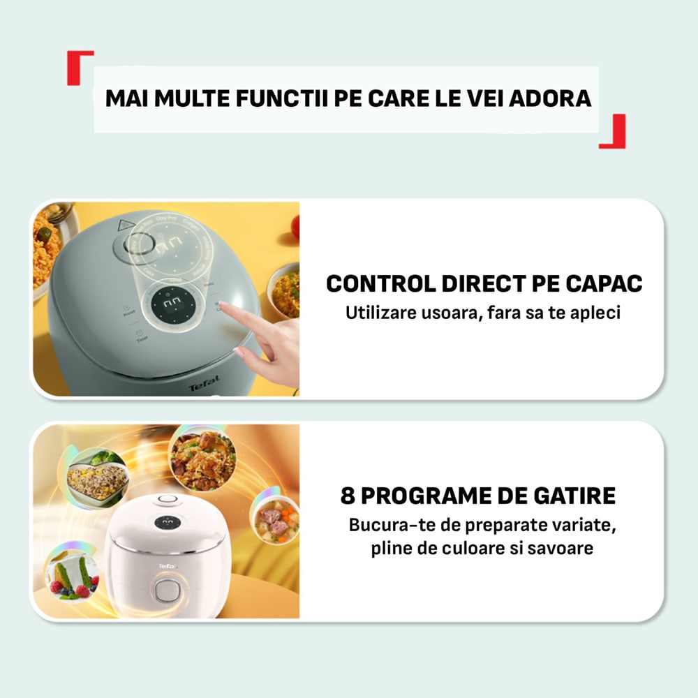 Aparat pentru gatit orez TEFAL Pop RK5354E0, 2l, 350W, 8 programe, gri