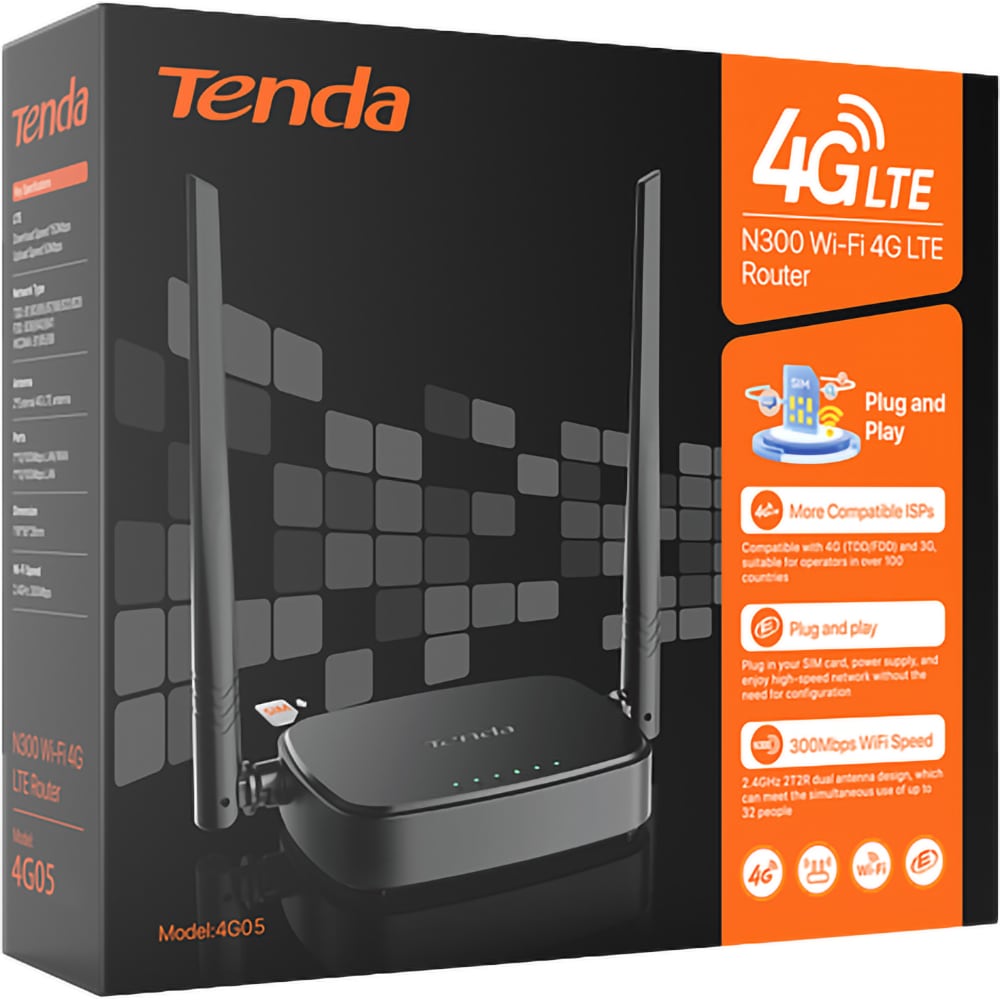 Router Wireless TENDA 4G05, Single Band 300 Mbps, 4G LTE, negru