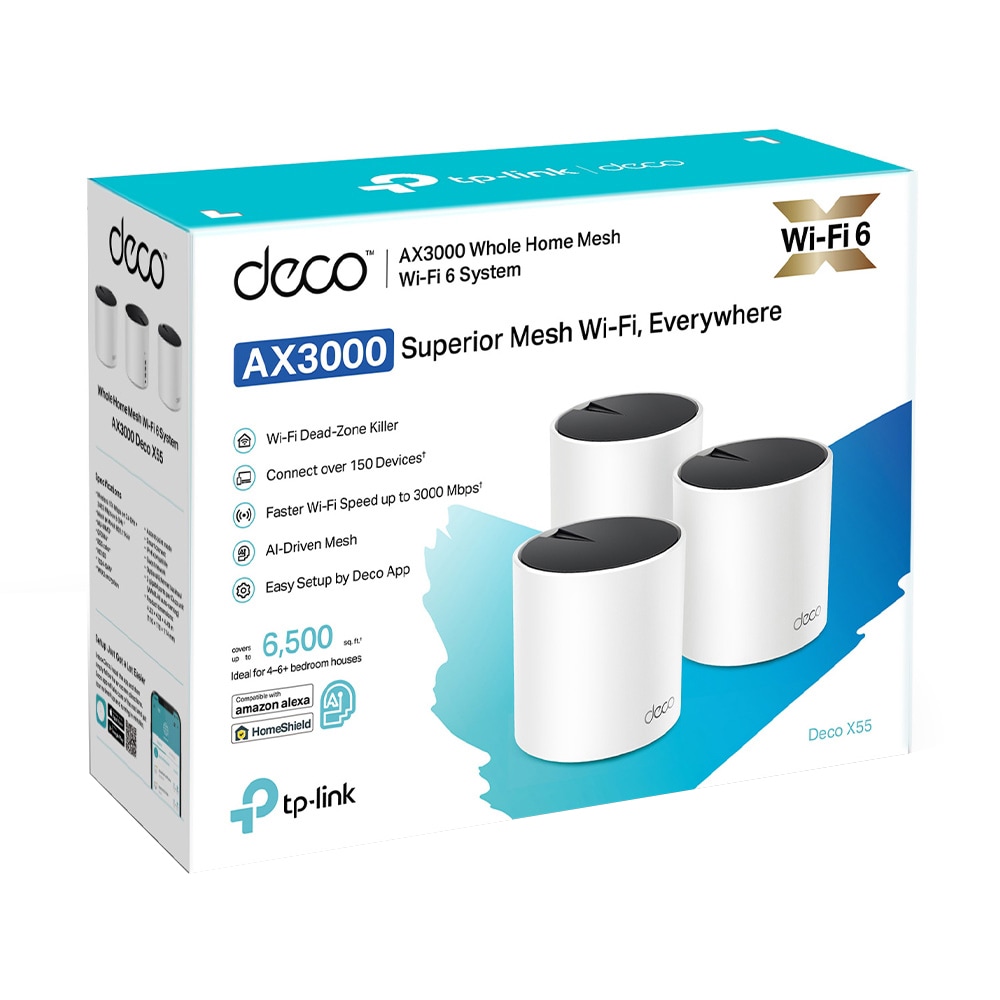 Sistem Wireless Mesh TP-LINK Deco X55 AX3000, Wi-Fi 6, Dual-Band 574 + 2402 Mbps, 3 buc, alb