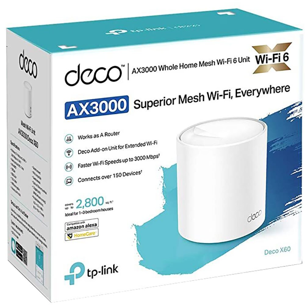 Sistem Wireless Mesh TP-LINK Deco X60 AX3000, Wi-Fi 6, Dual Band 574 + 2402 Mbps, 1 buc, alb