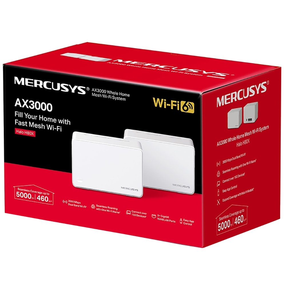 Sistem Wi-Fi Mesh MERCUSYS Halo H80X AX3000, Wi-Fi 6, Dual-Band 574 + 2402 Mbps, 2 buc, alb