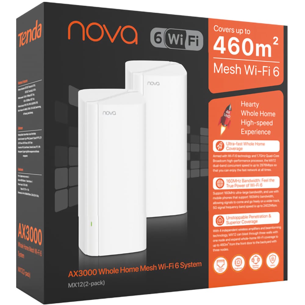 Sistem Wireless Mesh Gigabit TENDA MX12 AX3000, Wi-Fi 6, Dual-band 574 + 2402 Mbps, 2 buc, alb