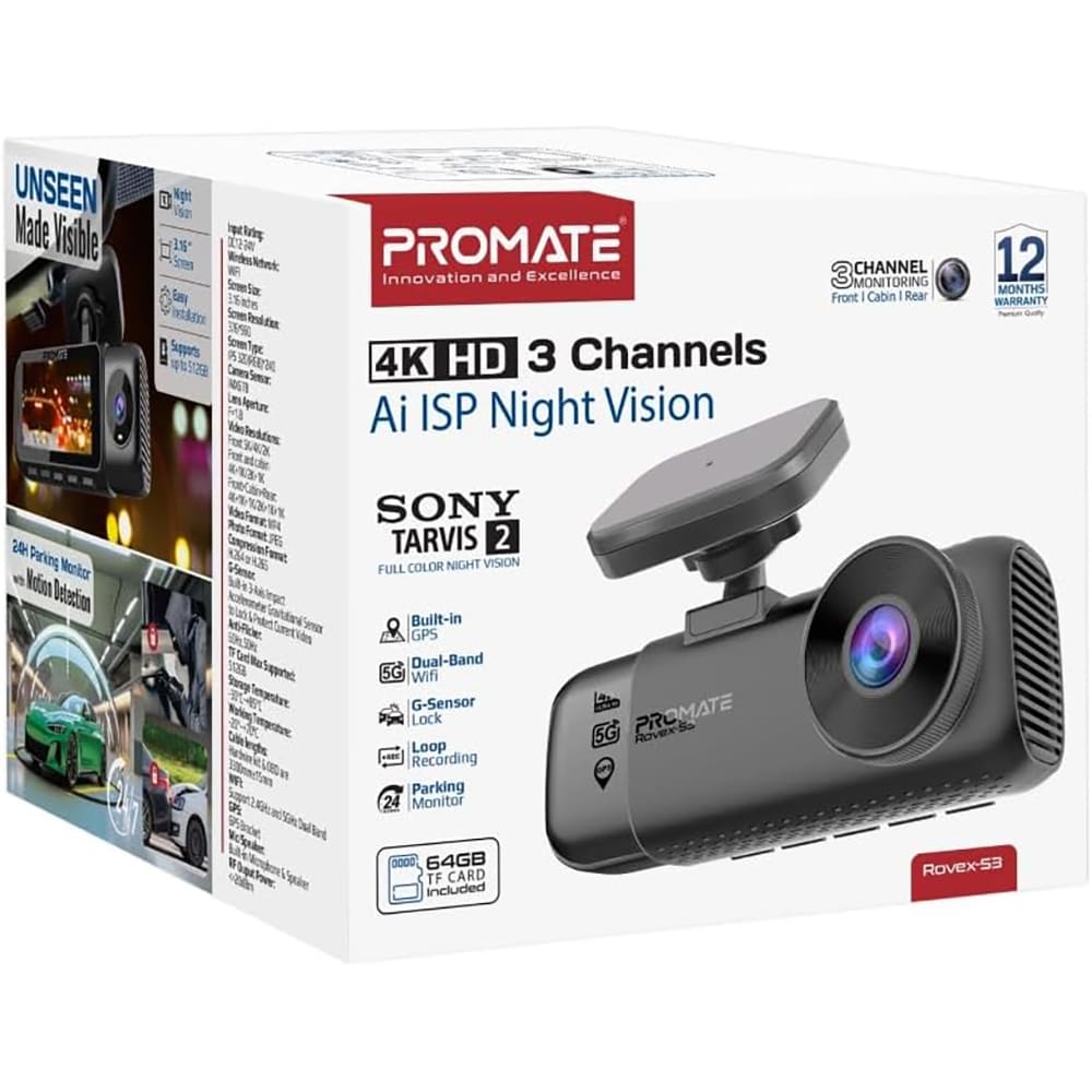 Camera auto tripla DVR PROMATE ROVEX-S3, GPS, 4K, G-Senzor, negru