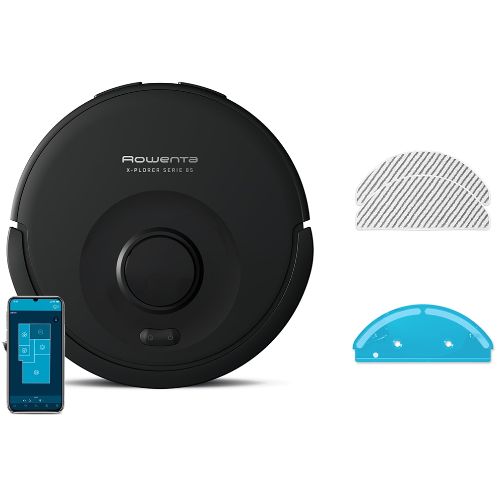 Aspirator robot ROWENTA X-Plorer Serie 85 RR87C5WH, 0.26l, autonomie max 270 min, sistem Smart Aqua Power, negru