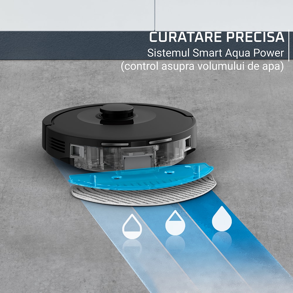 Aspirator robot ROWENTA X-Plorer Serie 85 RR87C5WH, 0.26l, autonomie max 270 min, sistem Smart Aqua Power, negru