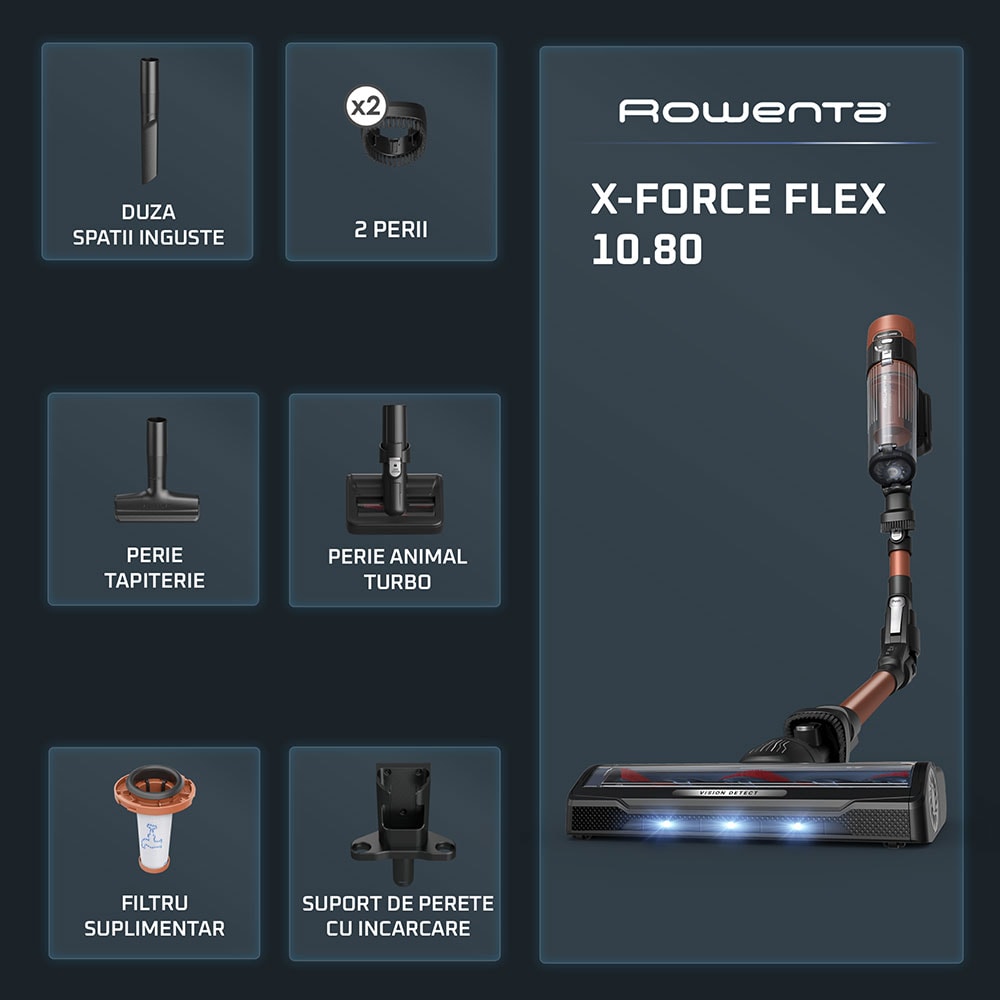 Aspirator vertical ROWENTA X-Force Flex 10.80 RH7A73E0, 0.44l, 18.5V, autonomie max 60 min, portocaliu-negru
