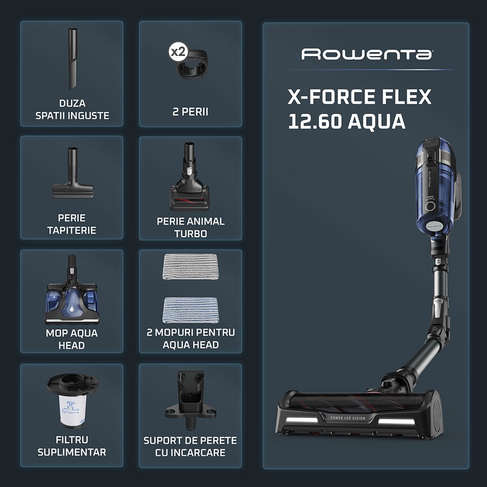 Aspirator vertical ROWENTA X-Force Flex 12.60 Aqua RH98C8WO, 0.9l, 25.2V, autonomie max 45 min, albastru-negru