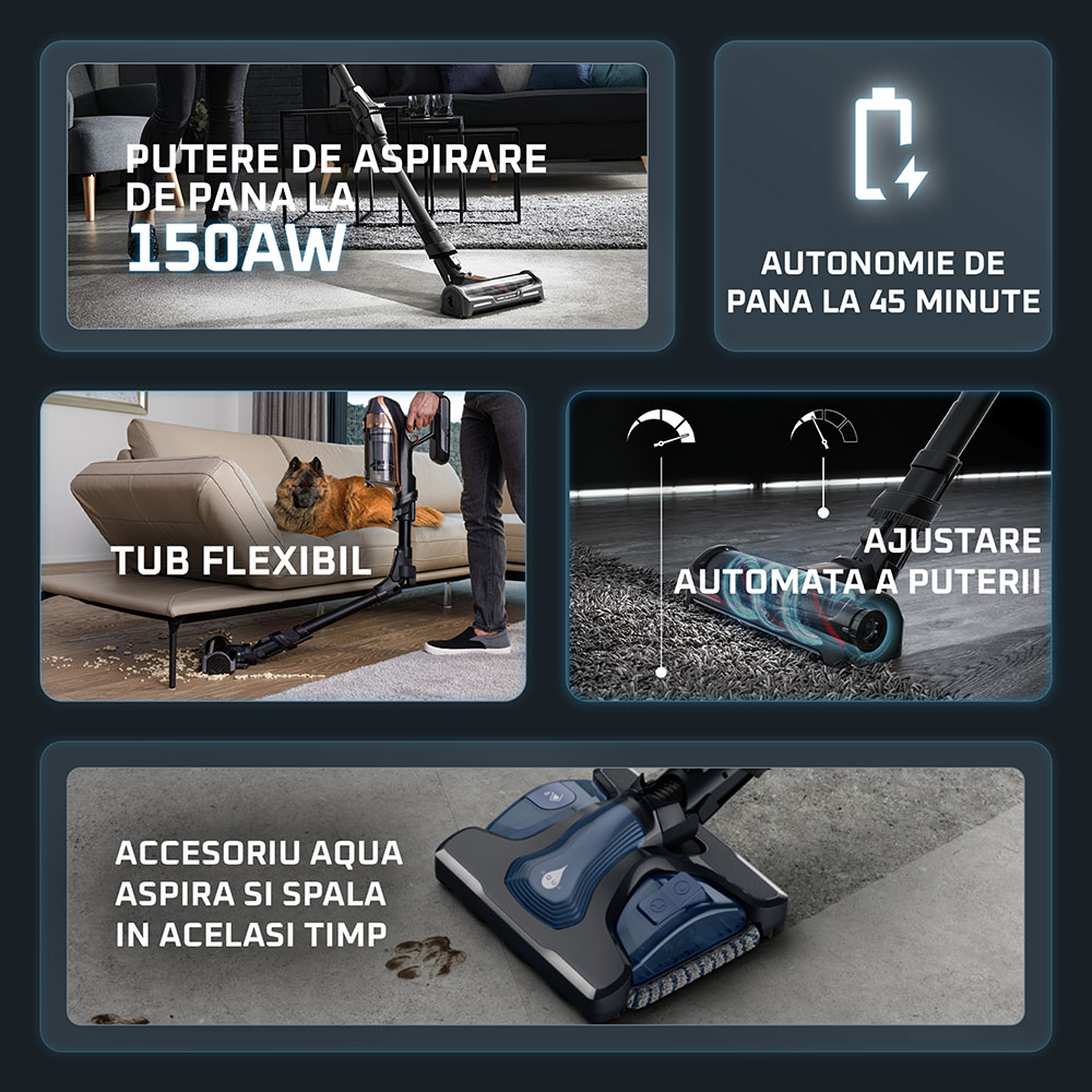 Aspirator vertical ROWENTA X-Force Flex 12.60 Aqua RH98C8WO, 0.9l, 25.2V, autonomie max 45 min, albastru-negru