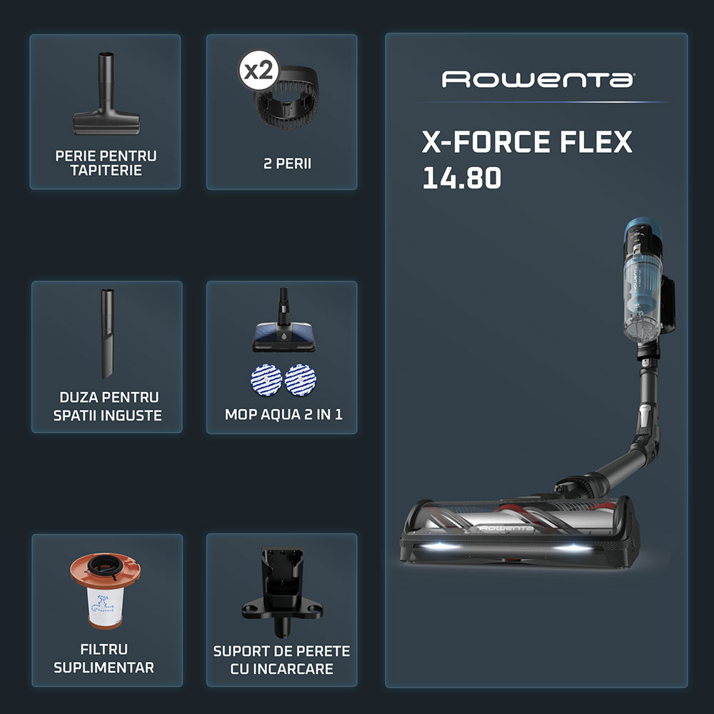 Aspirator vertical ROWENTA X-Force Flex 14.80 RH9BC1WO, 0.6l, autonomie max 90 min, albastru inchis-negru