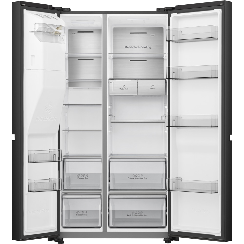 Side by Side HISENSE RS818N4TFE, Total No Frost, 632 l, H 179 cm, Clasa E, Dozator apa, Wi-Fi, negru