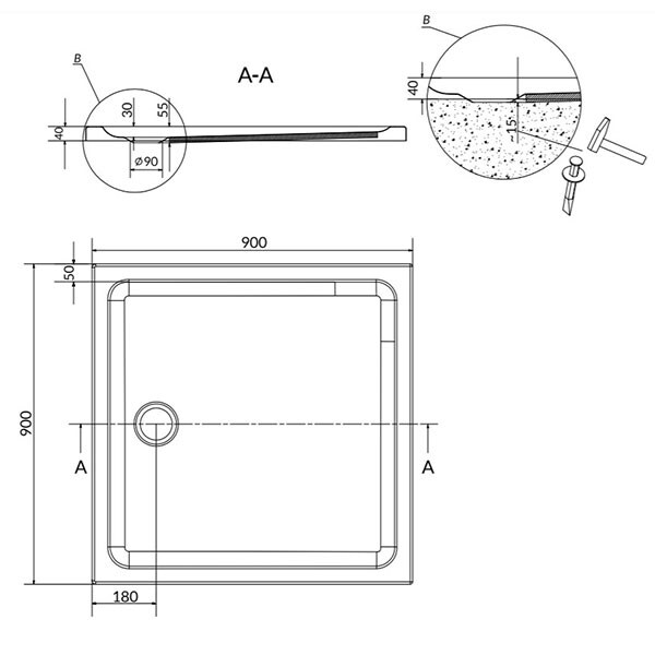Cadita dus CERSANIT Tako, patrara, 90 x 90 cm, acril, alb