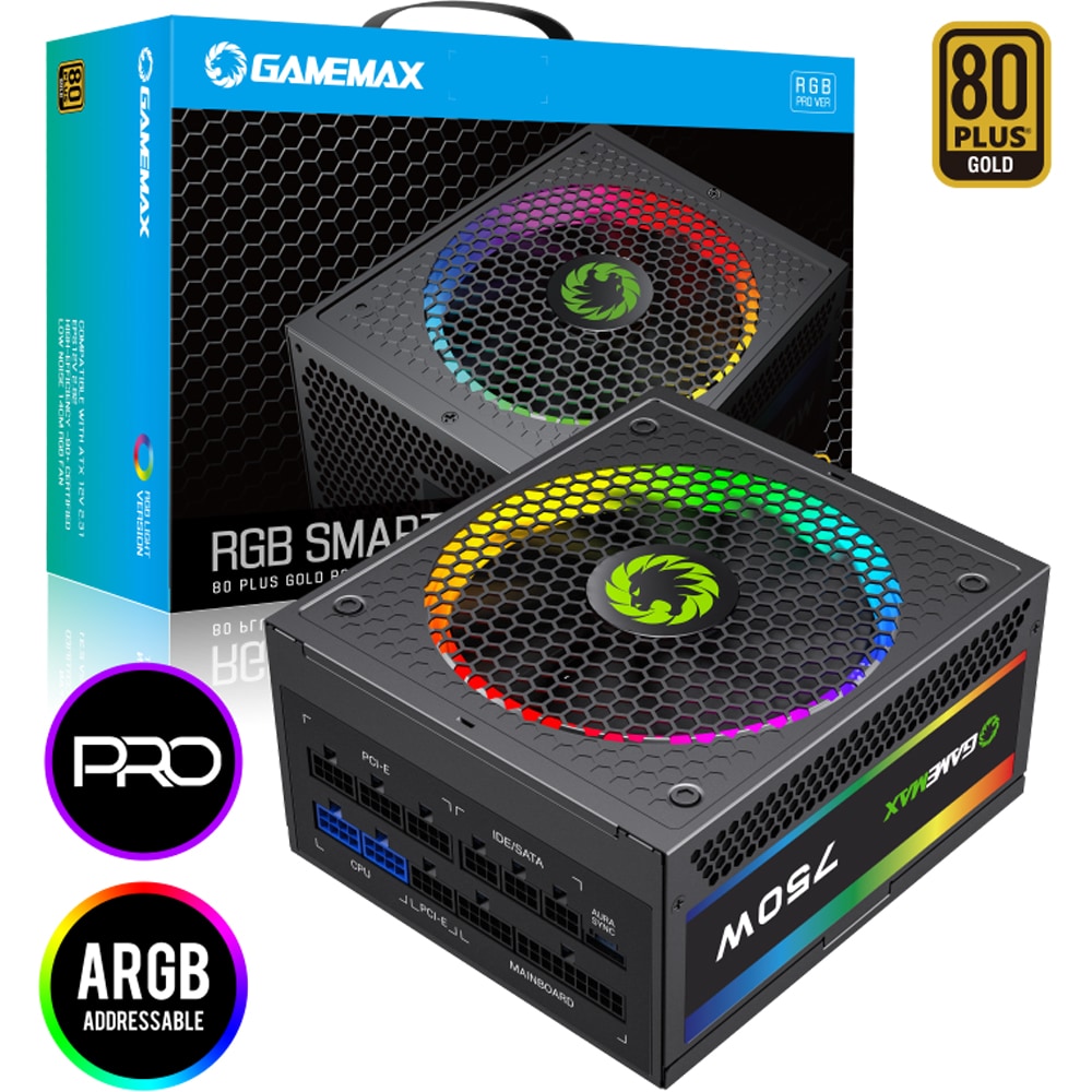 Sursa PC GAMEMAX RGB 750 PRO, 750W, 140mm, 80 Plus Gold, Full Modular