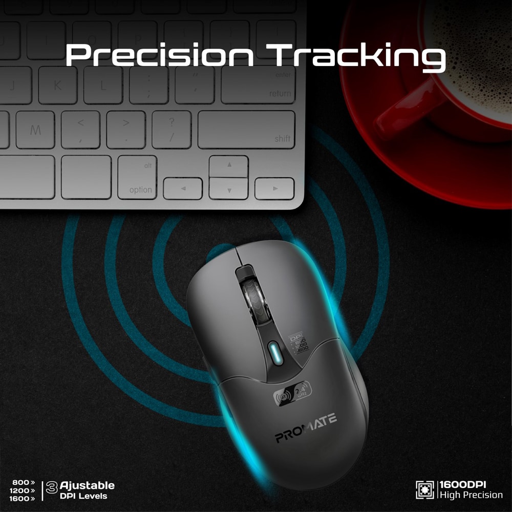 Mouse Wireless PROMATE Samo, Dual Mode, 1600 dpi, Bluetooth, negru