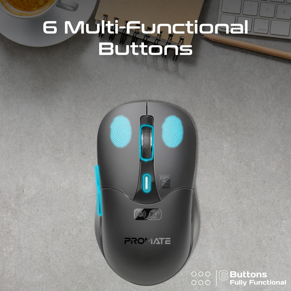 Mouse Wireless PROMATE Samo, Dual Mode, 1600 dpi, Bluetooth, negru