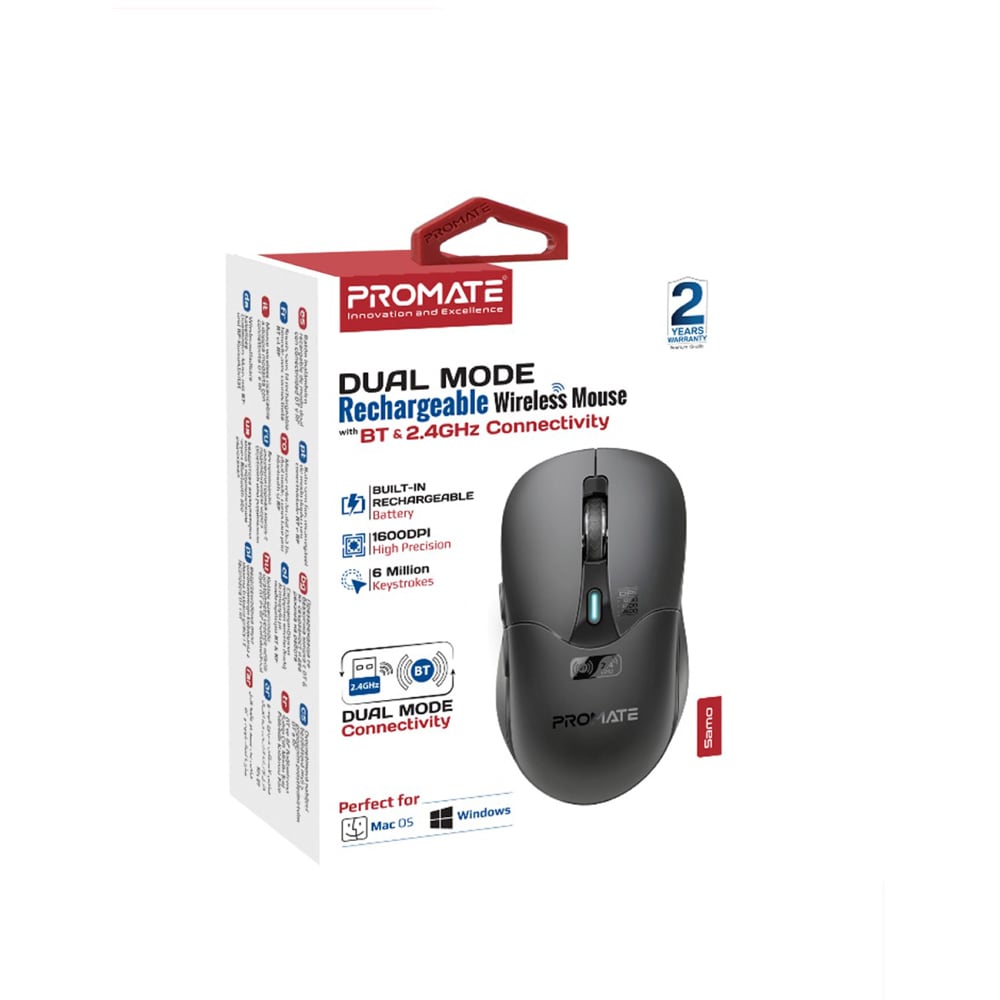 Mouse Wireless PROMATE Samo, Dual Mode, 1600 dpi, Bluetooth, negru