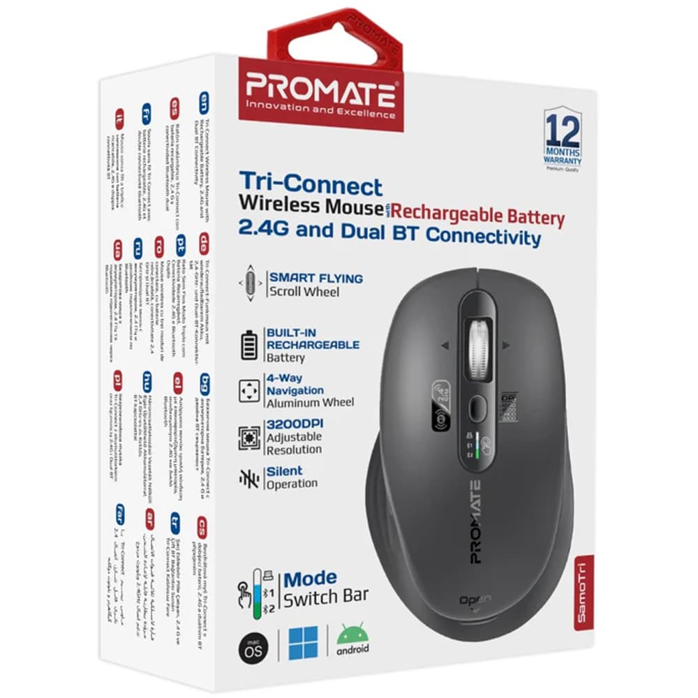 Mouse Wireless PROMATE SamoTri, Dual-Mode, 3200 dpi, Bluetooth, negru