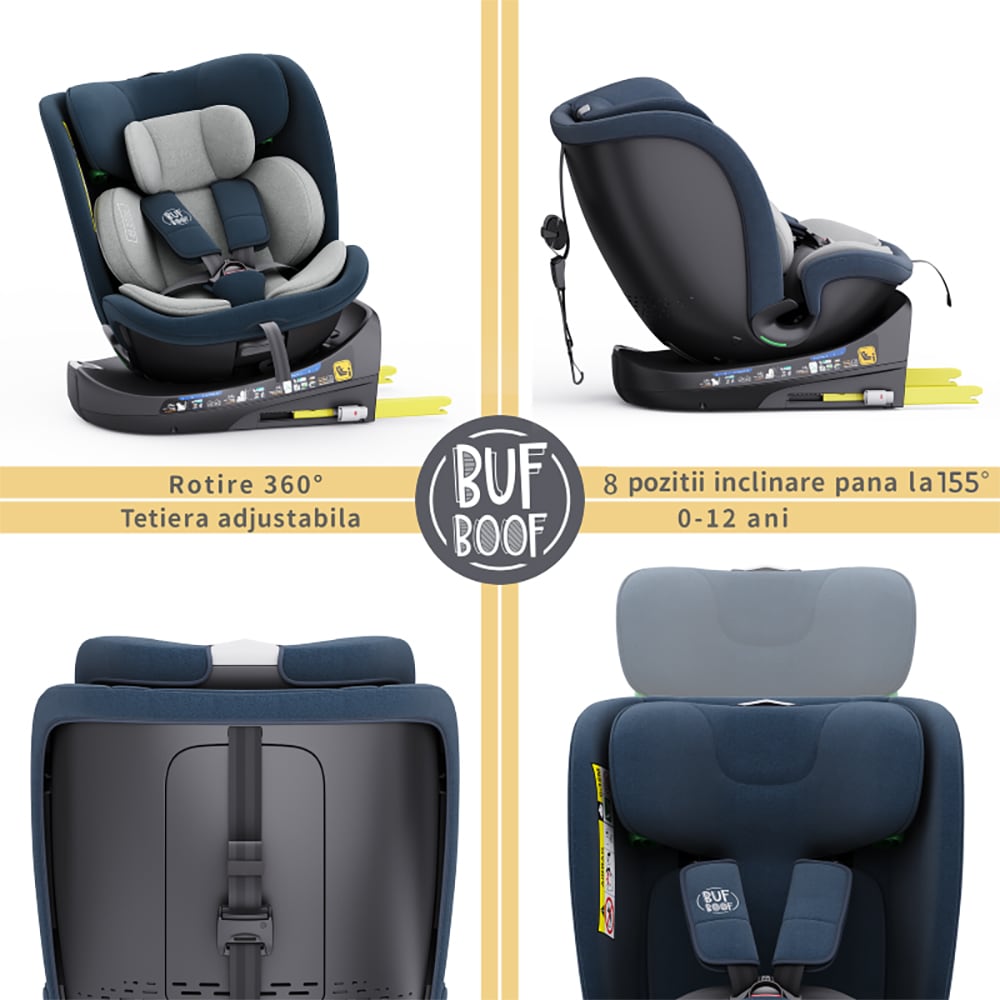 Scaun auto BUF BOOF B-Joy Deluxe rotativ 360 grade BJOYBLUE, Isofix, 0-36 kg, i-Size, bleumarin-gri