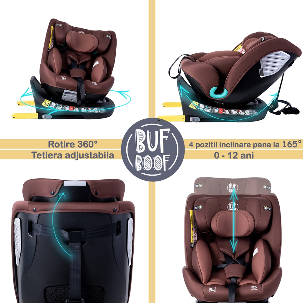 Scaun auto BUF BOOF Deluxe i-Size rotativ 360 grade SAPHIRCOFFEE, Isofix, 0-36 kg, maro-negru