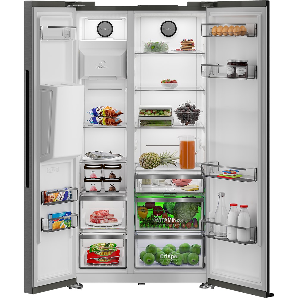 Side by Side GRUNDIG GSBS 23340 FX, No Frost, 571 l, H 179 cm, Clasa E, Dozator apa, argintiu