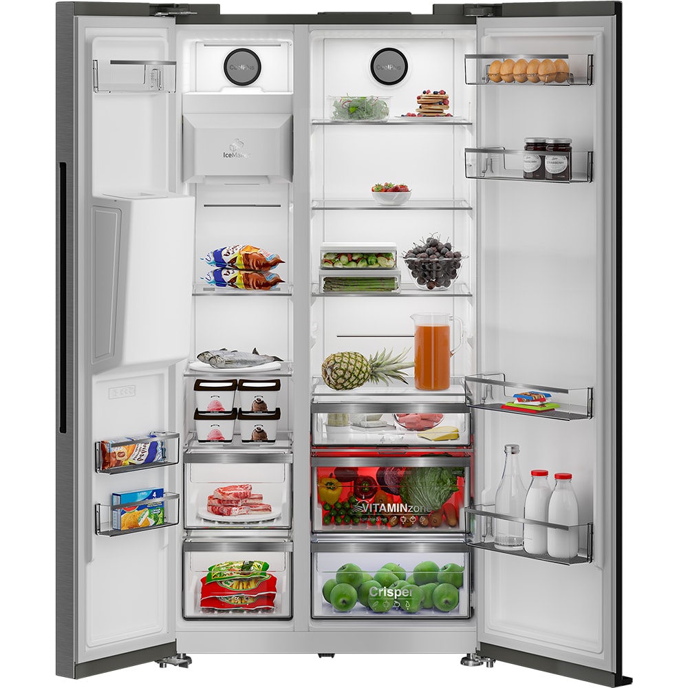 Side by Side GRUNDIG GSBS 23340 FX, No Frost, 571 l, H 179 cm, Clasa E, Dozator apa, argintiu