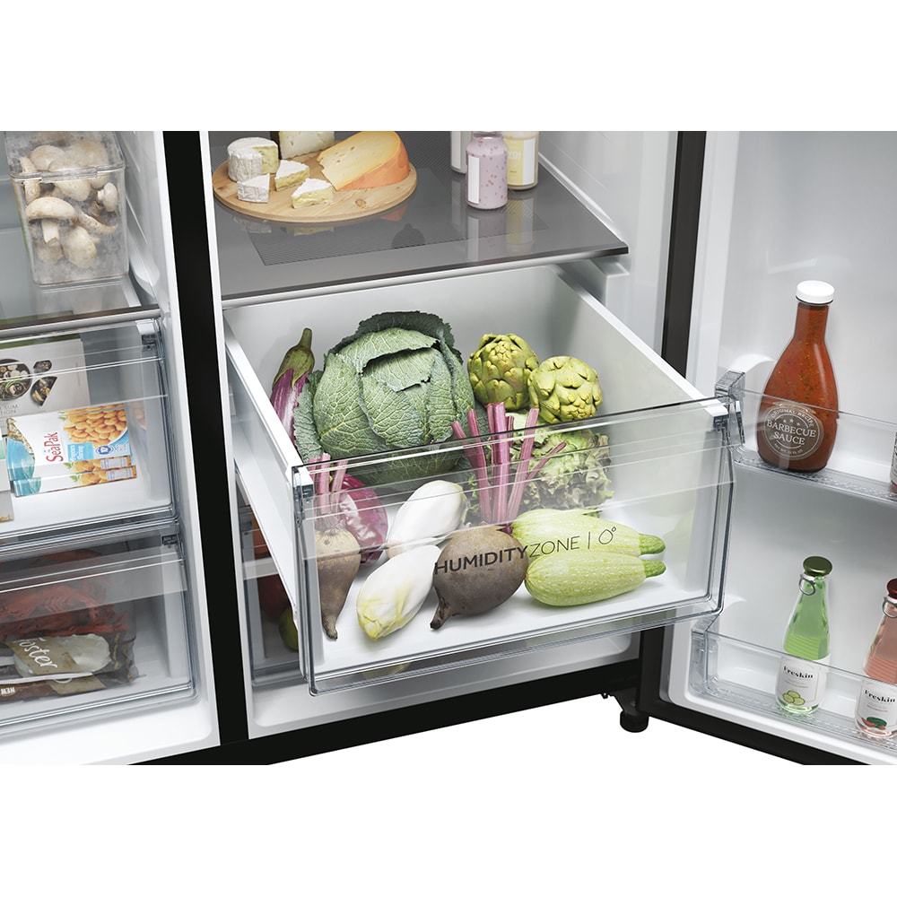 Side by Side HAIER HSW59F18EIPT, Total No Frost, 601 l, H 178 cm, Clasa E, Dozator apa, Wi-Fi, negru