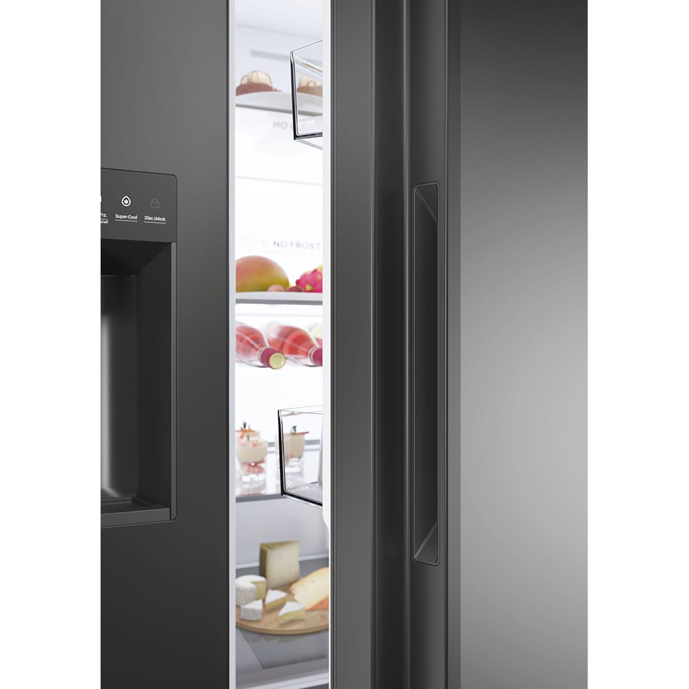 Side by Side HAIER HSW59F18EIPT, Total No Frost, 601 l, H 178 cm, Clasa E, Dozator apa, Wi-Fi, negru