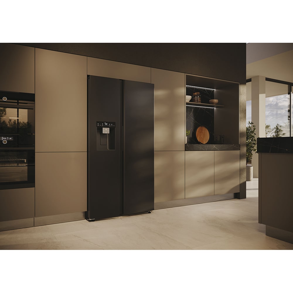 Side by Side HAIER HSW59F18EIPT, Total No Frost, 601 l, H 178 cm, Clasa E, Dozator apa, Wi-Fi, negru