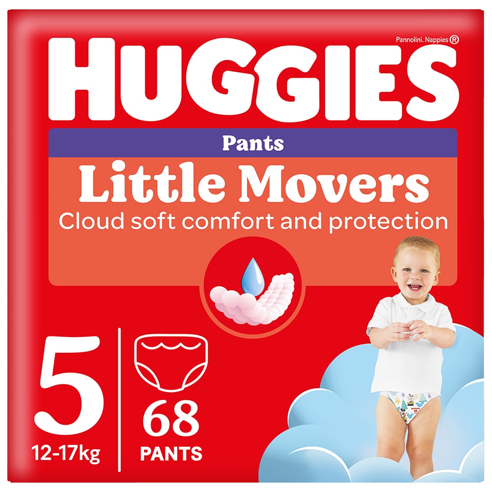 Scutece chilotel HUGGIES Little Movers Box nr 5, Baiat, 12-17 kg, 68 buc