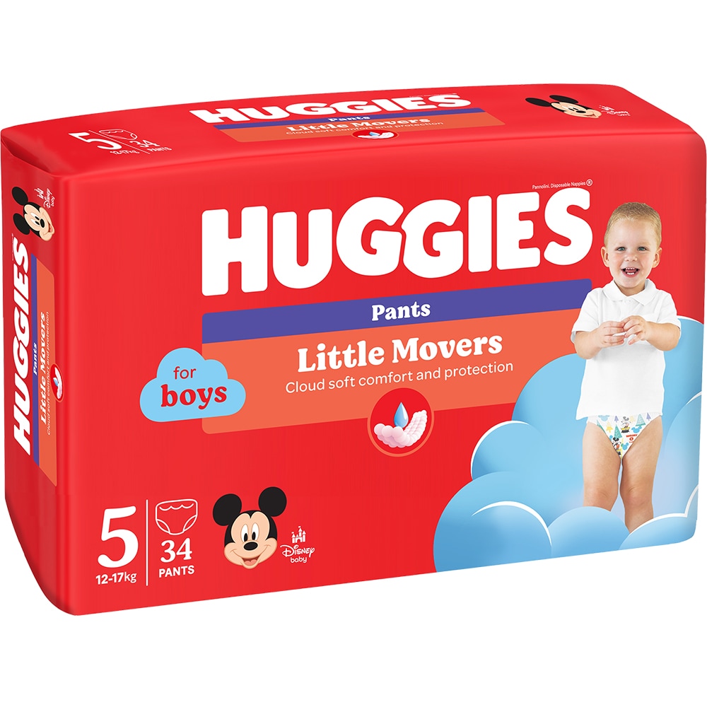 Scutece chilotel HUGGIES Little Movers Jumbo nr 5, Baiat, 12-17 kg, 34 buc