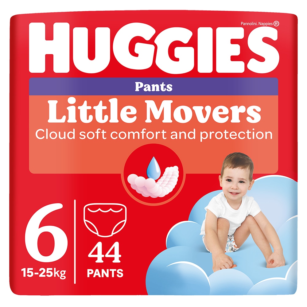 Scutece chilotel HUGGIES Little Movers Mega nr 6, Baiat, 15-25 kg, 44 buc