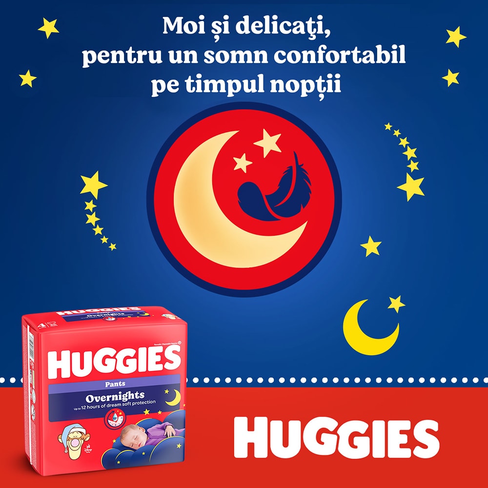 Scutece chilotel HUGGIES Overnight Pants nr 4, Unisex, 9-14 kg, 26 buc