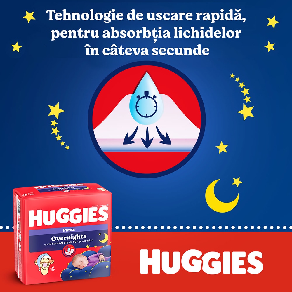 Scutece chilotel HUGGIES Overnight Pants nr 4, Unisex, 9-14 kg, 26 buc