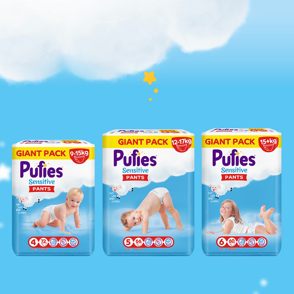 Scutece chilotel PUFIES Sensitive XL nr 6, 15 kg+, 60 buc