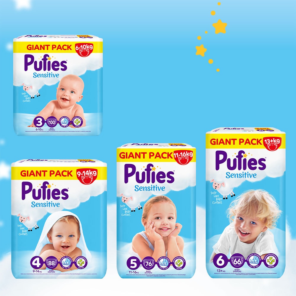 Scutece PUFIES Sensitive Midi nr 3, 6-10 kg, 100 buc
