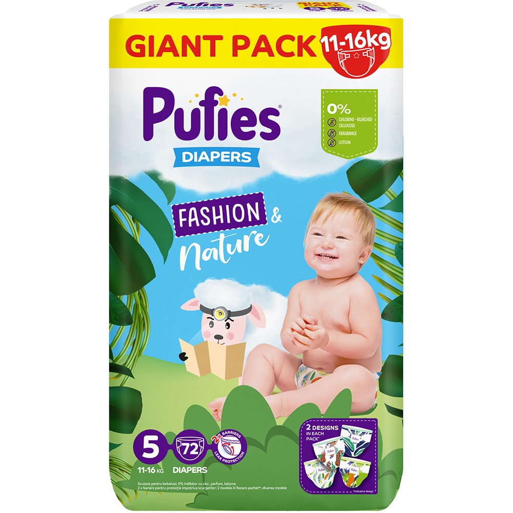 Scutece PUFIES Fashion&Nature nr 5 Junior, 11-16 kg, 72 buc