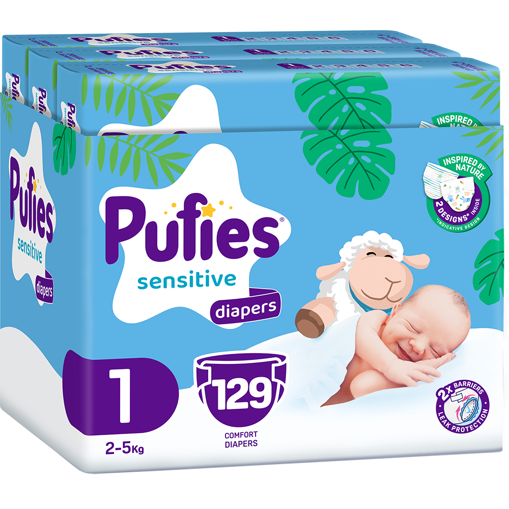 Scutece PUFIES Sensitive Newborn nr 1, Unisex, 2-5 kg, 129 buc