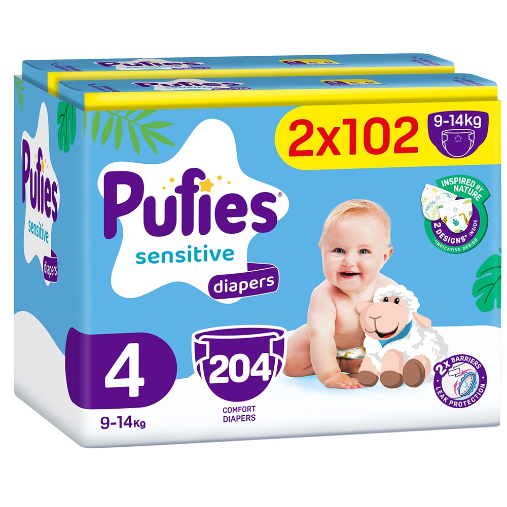 Scutece PUFIES Sensitive Mega Pack nr 4, 9-14 kg, 204 buc
