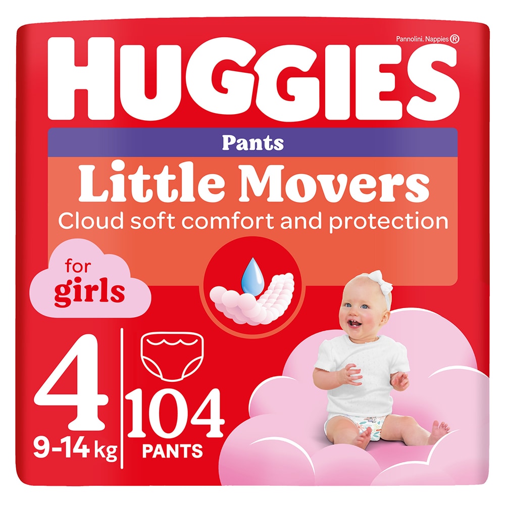 Scutece chilotel HUGGIES Little Movers nr 4, Fata, 9-14 kg, 104 buc