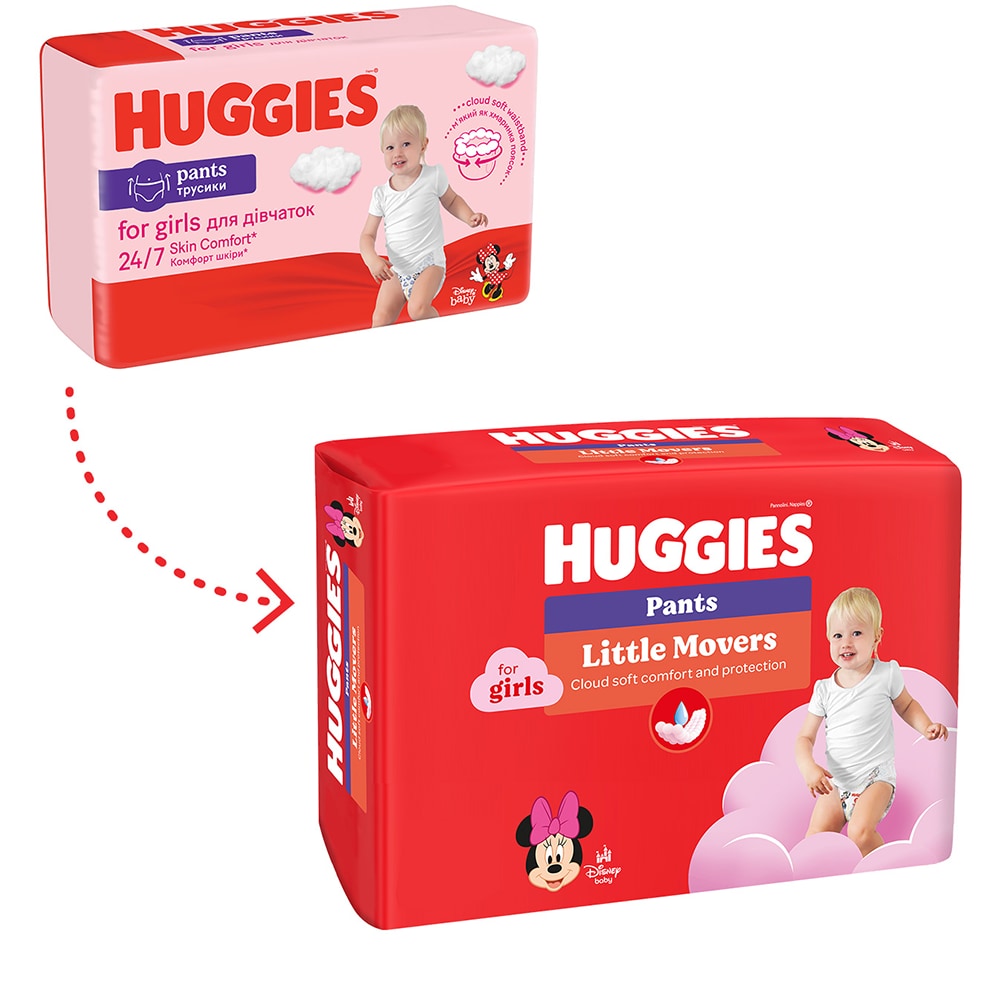 Scutece chilotel HUGGIES Little Movers nr 4, Fata, 9-14 kg, 104 buc
