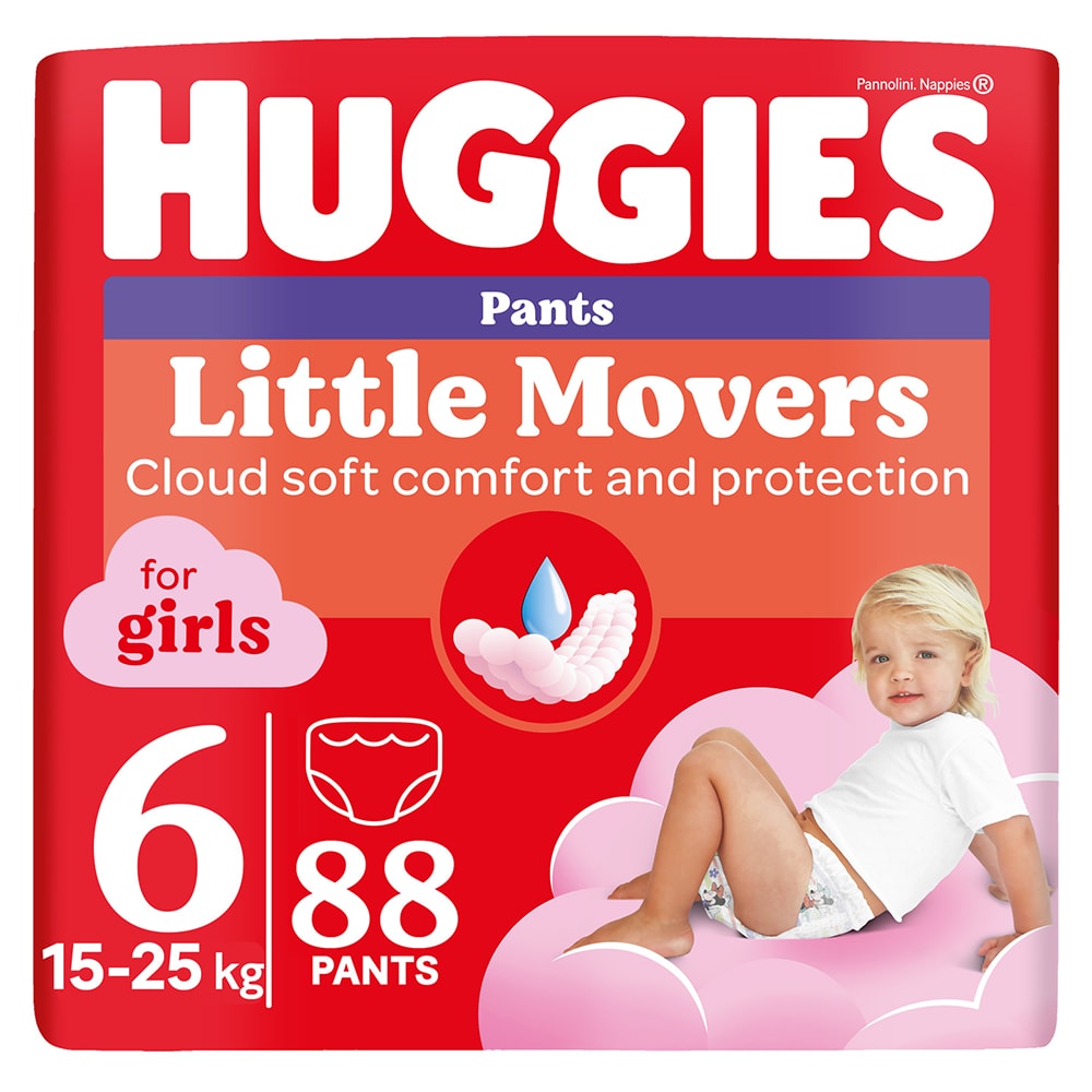 Scutece chilotel HUGGIES Little Movers nr 6, Fata, 15-25 kg, 88 buc