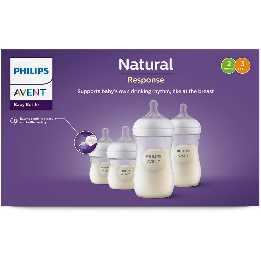 Set 4 biberoane PHILIPS AVENT Natural Response SCD838/30, flux mediu, 0 luni+, 125/260ml, alb-transparent
