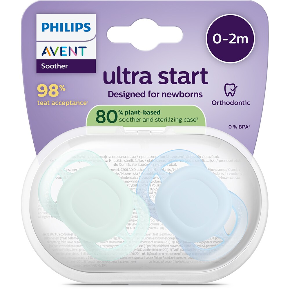 Suzeta PHILIPS AVENT Pacifier Ultra Start SCF075/12, 0-2 luni, 2 buc, bleu-verde
