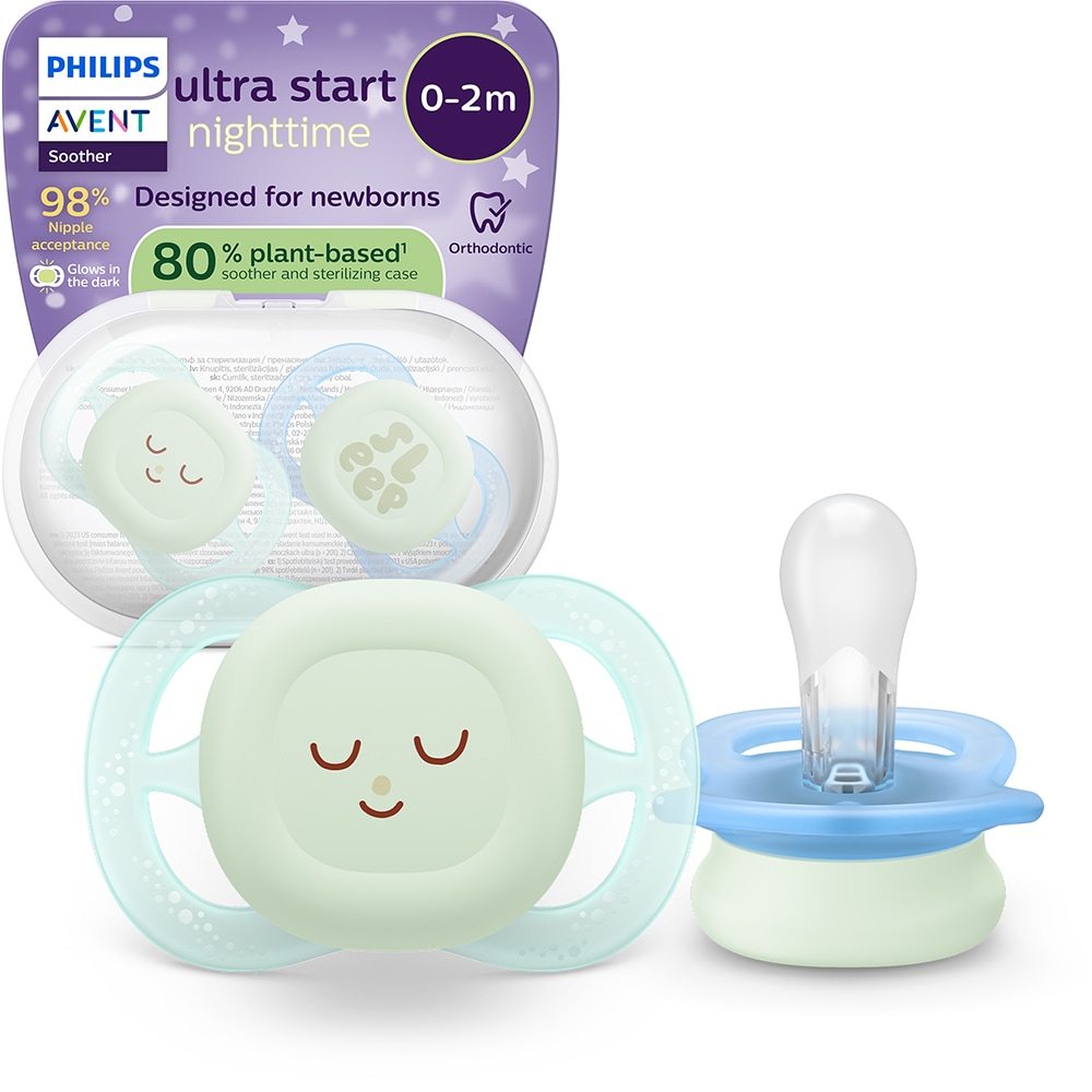 Suzeta PHILIPS AVENT Pacifier Ultra Start de noapte SCF075/18, 0-6 luni, 2 buc, bleu-verde