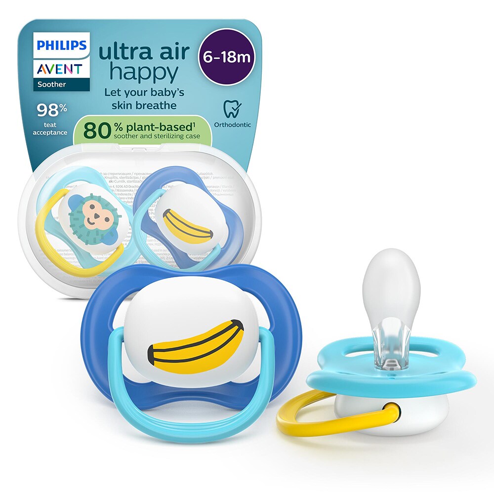 Suzeta PHILIPS AVENT Pacifier Ultra Air SCF080/26, 6 luni+, 2 buc, albastru-galben